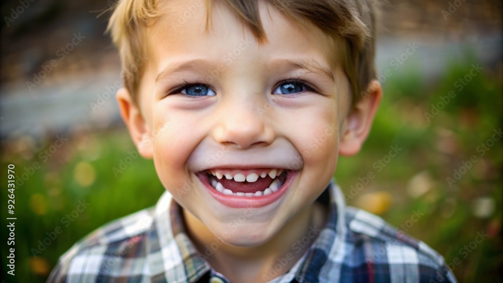 Adorable young boy with a wide, toothy grin, showcasing his new pearly whites, with a few teeth missing, adding to his charming childhood smile. Adorable young boy with a wide, toothy grin, showcasing his new pearly whites, with a few teeth missing, adding to his charming childhood smile.