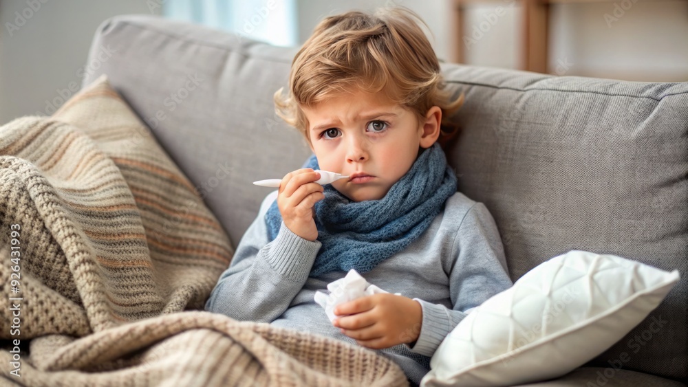 Adorable young child sitting on a couch, clutching a tissue, with a thermometer in mouth, looking unhappy and uncomfortable with a cold or flu. Adorable young child sitting on a couch, clutching a tissue, with a thermometer in mouth, looking unhappy and uncomfortable with a cold or flu.