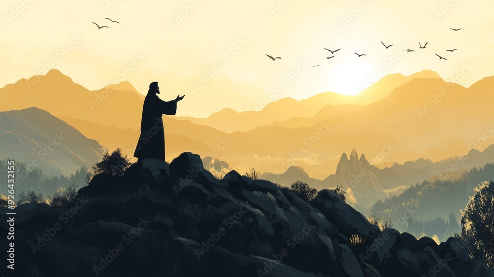 Silhouette of jesus delivering sermon on mountain top, biblical gospel teaching illustration Silhouette of jesus delivering sermon on mountain top, biblical gospel teaching illustration