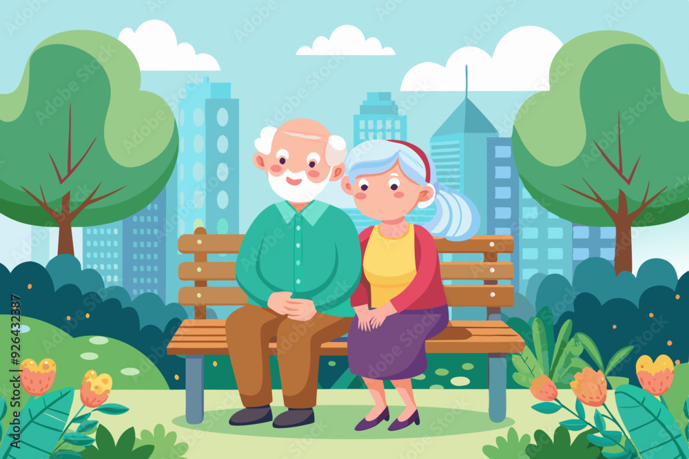 Cute elderly couple is sitting on a bench in a city park. Seniors rest outdoors
Cute elderly couple is sitting on a bench in a city park. Seniors rest outdoors