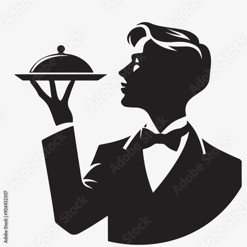 A striking vector illustration of a waiter perched majestically, its intricate plumage rendered in elegant black and white