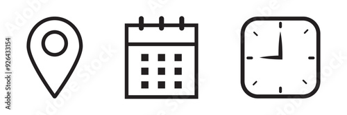 Address. time, and date icon vector. Event elements isolated on transparent background. Black & white vector illustration
