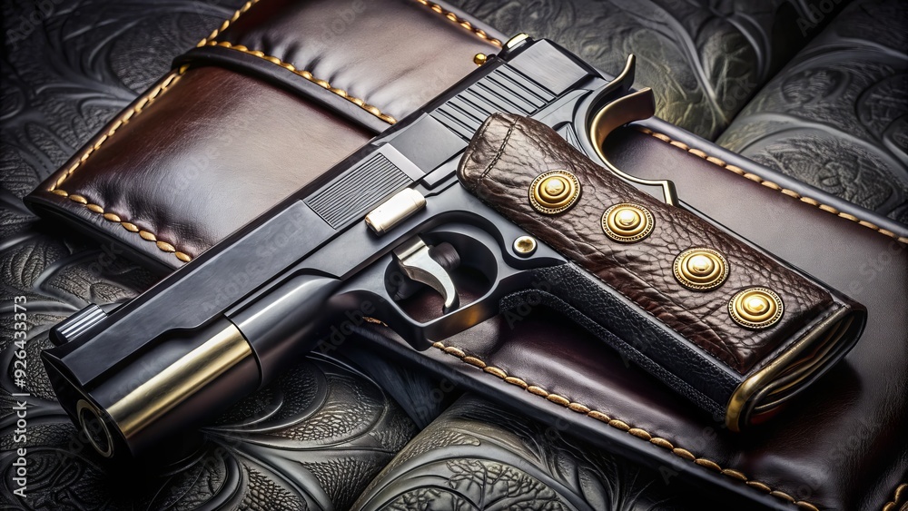 A black handgun with a silver bullet chamber, resting on a dark leather holster, features a gold emblem with intricate engravings and a bold, cursive font. A black handgun with a silver bullet chamber, resting on a dark leather holster, features a gold emblem with intricate engravings and a bold, cursive font.