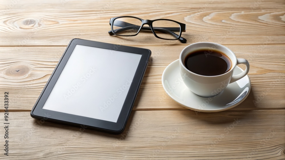 A blank eBook template with a subtle background, awaiting content, sits on a clean desk with a cup of coffee and a pair of reading glasses.