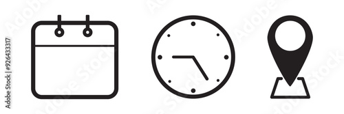 Address. time, and date icon vector. Event elements isolated on transparent background. Black & white vector illustration