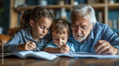 Grandfather Signing Donation Document with Grandchildren at Notary