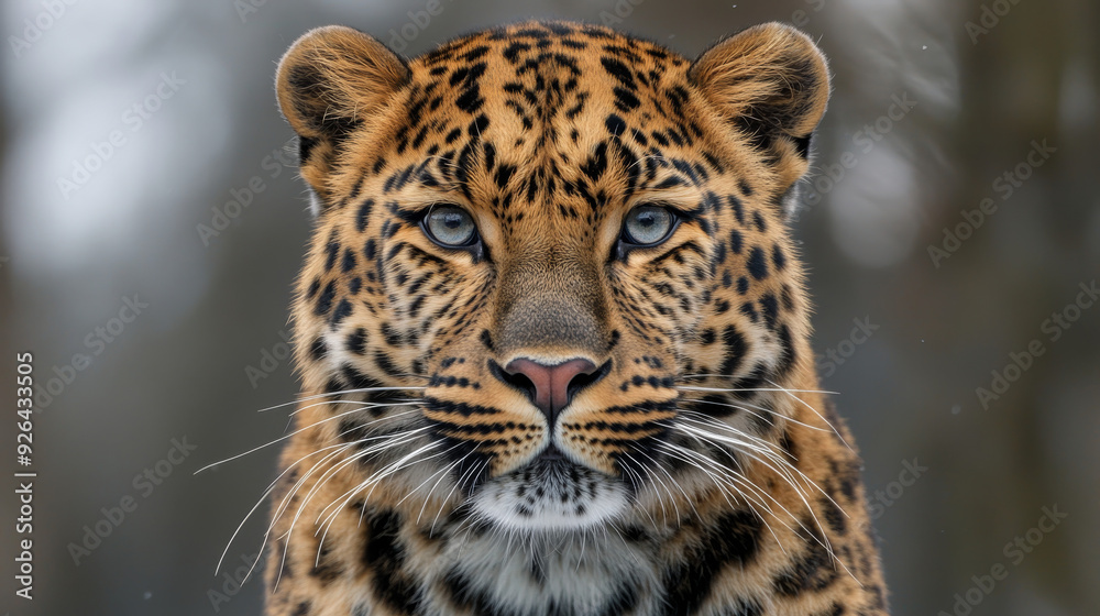 Obraz premium Magnificent picture of a rare Amur leopard. Its elegant face and piercing gaze showcase the beauty and grace of this endangered species. --ar 16:9 --v 6.1 Job ID: e3514093-a6db-4551-be68-f9449f74eb5e