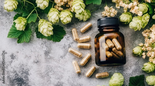 Hops Extract with Hops Flowers: Hops extract capsules in a bottle with fresh hops flowers.