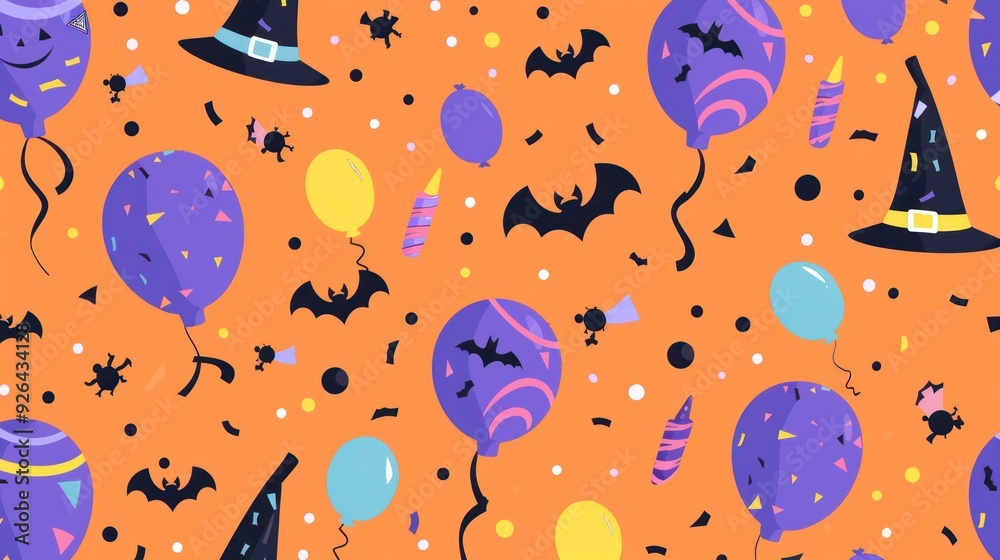 A bright and fun Halloween pattern with a mix of party hats, balloons, and confetti. A bright and fun Halloween pattern with a mix of party hats, balloons, and confetti.