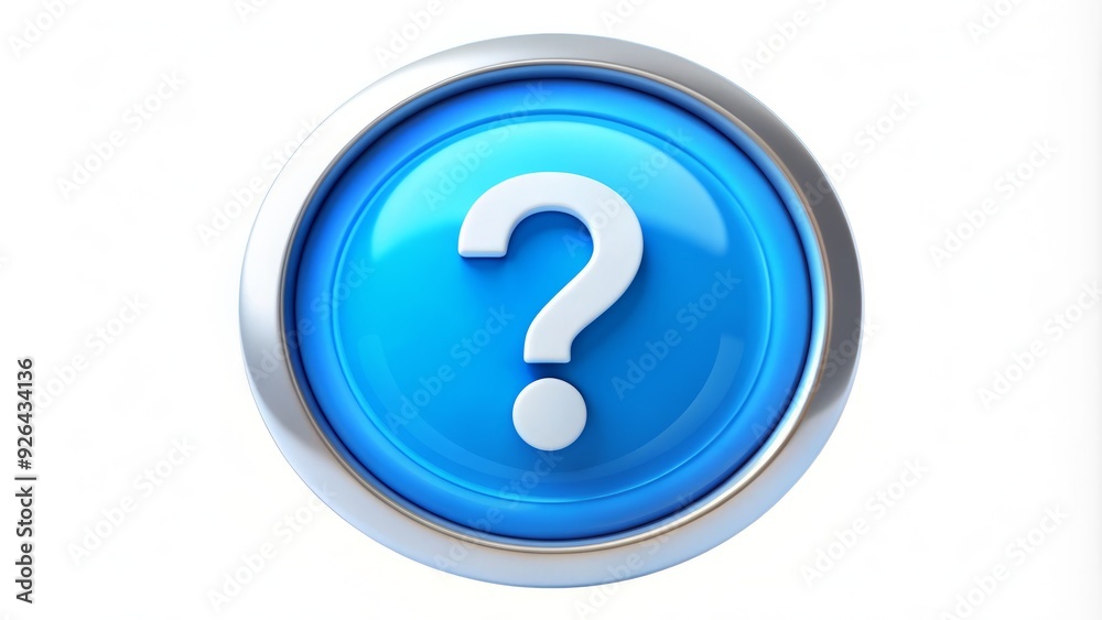 A bright blue circular button with a white question mark symbol inside, isolated on a white background, representing help and customer support inquiries. A bright blue circular button with a white question mark symbol inside, isolated on a white background, representing help and customer support inquiries.
