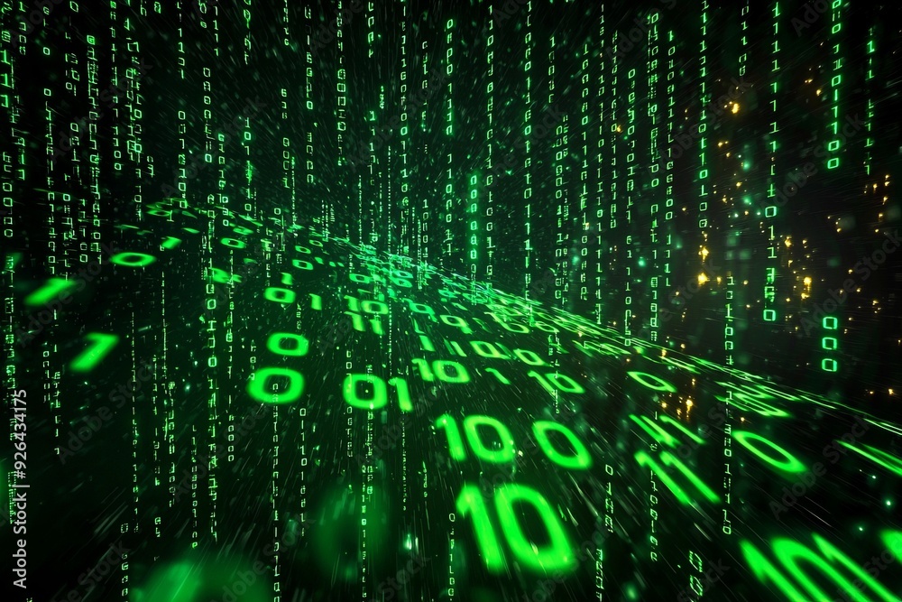 Green Dark Binary Code with Data Streaming Background created with Generative AI Green Dark Binary Code with Data Streaming Background created with Generative AI