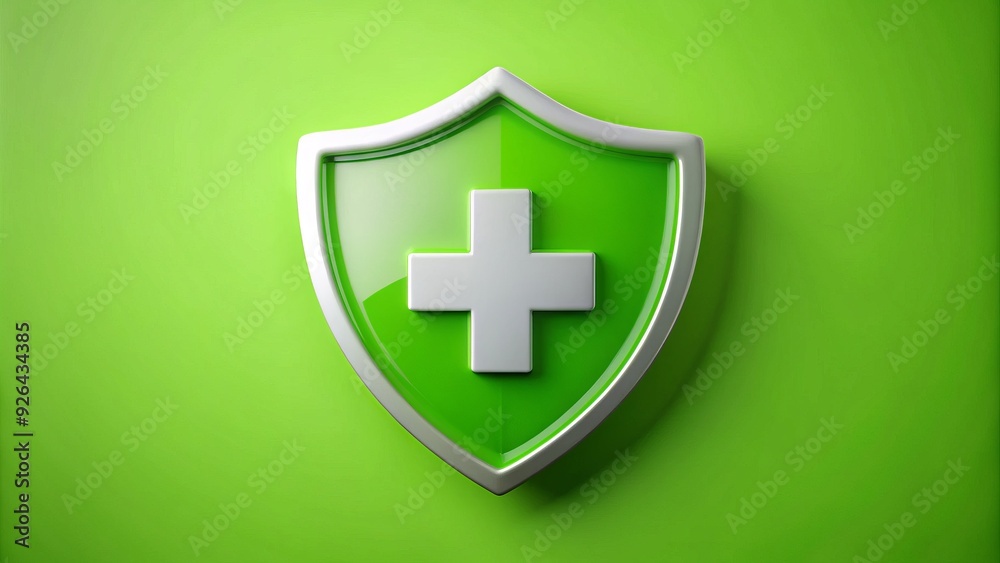 A bright green iconic shield with a white medical cross inside, symbolizing protection, care, and security in healthcare environments, conveying a sense of trust. A bright green iconic shield with a white medical cross inside, symbolizing protection, care, and security in healthcare environments, conveying a sense of trust.