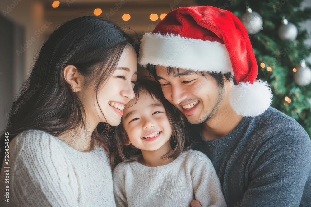 サンタ帽子をかぶってクリスマスを楽しむ日本人ファミリーのポートレート(親子・家族・家族写真・子供) サンタ帽子をかぶってクリスマスを楽しむ日本人ファミリーのポートレート(親子・家族・家族写真・子供)