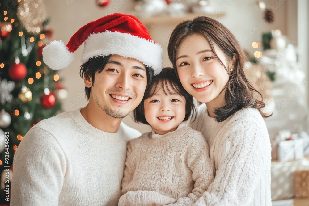 サンタ帽子をかぶってクリスマスを楽しむ日本人ファミリーのポートレート(親子・家族・家族写真・子供) サンタ帽子をかぶってクリスマスを楽しむ日本人ファミリーのポートレート(親子・家族・家族写真・子供)