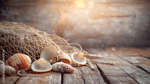 Rustic wooden dock with fishing net and seashells landscape photo