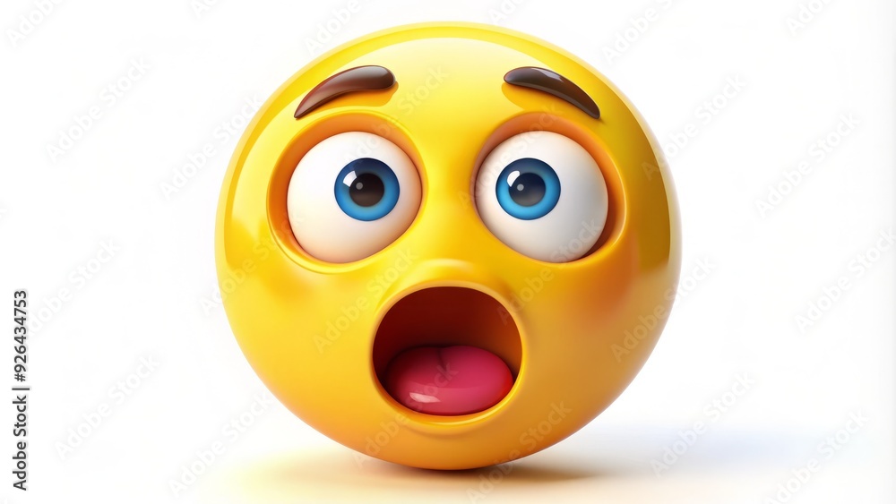 Fototapeta premium A bright yellow emoji face with a shocked expression, wide eyes, and an open mouth, conveying a sense of sudden astonishment and delightful surprise.