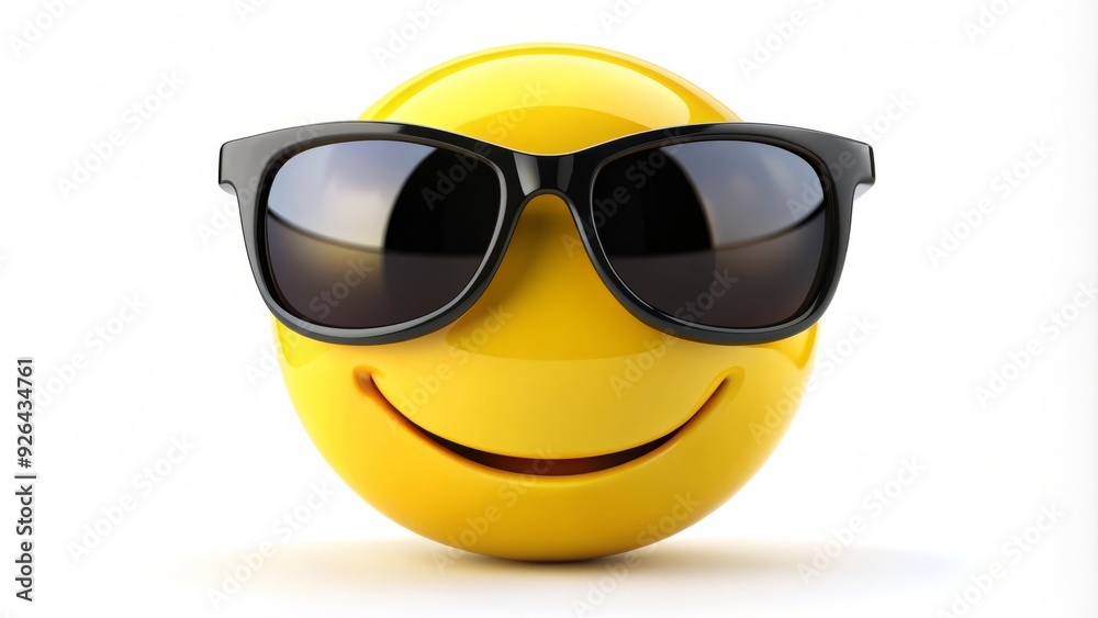 A bright yellow happy face emoticon smiles widely, wearing trendy black sunglasses, against a plain white background, exuding fun, relaxation, and summertime vibes. A bright yellow happy face emoticon smiles widely, wearing trendy black sunglasses, against a plain white background, exuding fun, relaxation, and summertime vibes.