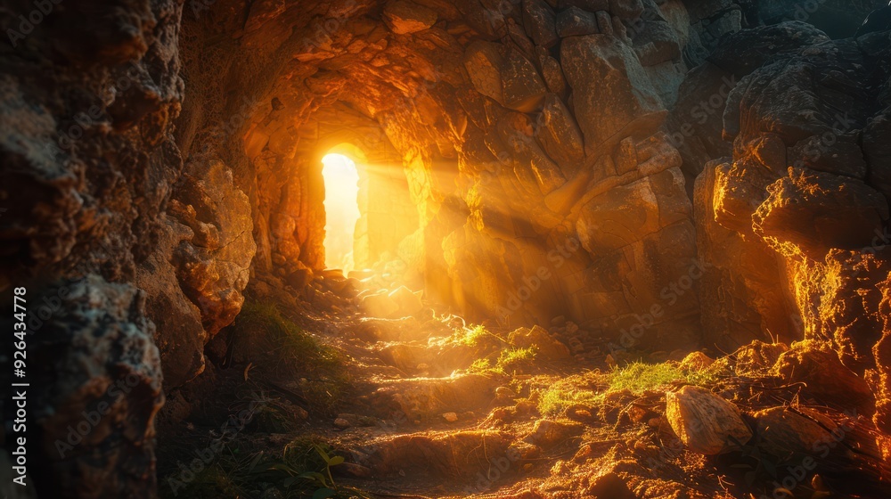 Resurrection Symbolism: Dramatic Artistic Editing of Empty Tomb with Strong Light Rays Depicting Jesus Christ's Rise Resurrection Symbolism: Dramatic Artistic Editing of Empty Tomb with Strong Light Rays Depicting Jesus Christ's Rise