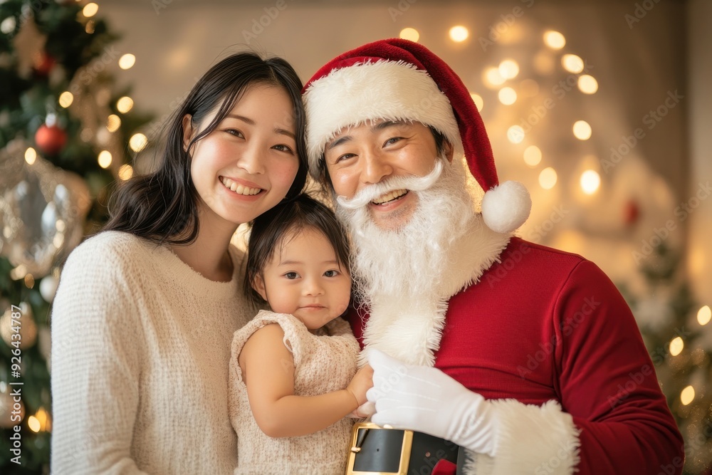 サンタ帽子をかぶってクリスマスを楽しむ日本人ファミリーのポートレート（親子・家族・家族写真・子供）