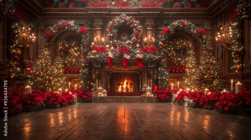 Create a cozy Christmas background with a roaring fireplace, adorned with stockings, garlands, and twinkling lights. Create a cozy Christmas background with a roaring fireplace, adorned with stockings, garlands, and twinkling lights.