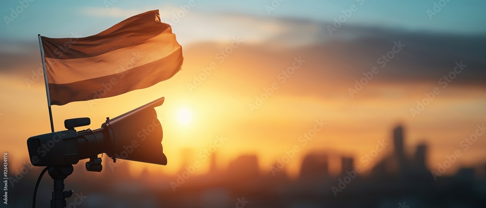 Fototapeta premium A vibrant sunset silhouette features a flag and a vintage megaphone, symbolizing communication and celebration in the urban landscape.