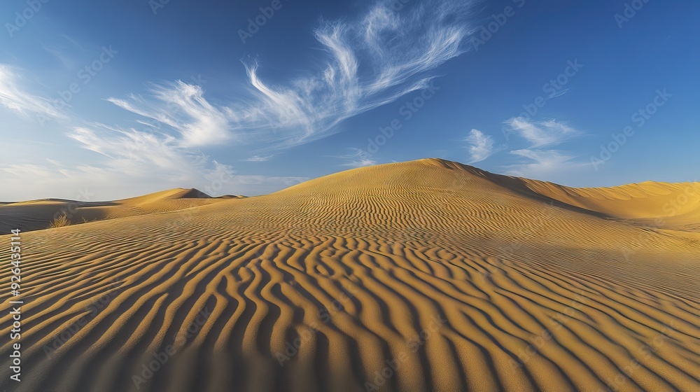 Windswept Dune Landscape with Intricate Patterns in the Sand and a Deep Blue Sky Overhead. AI generated illustration Windswept Dune Landscape with Intricate Patterns in the Sand and a Deep Blue Sky Overhead. AI generated illustration