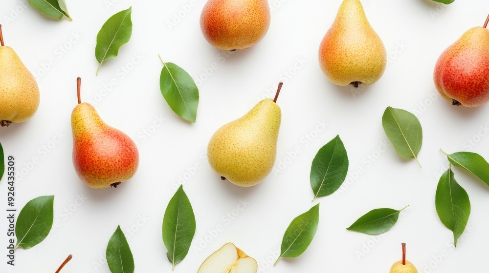 Close up pears and leaves on a white background. Pear fruit texture Close up pears and leaves on a white background. Pear fruit texture