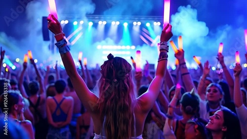 At a music festival, fans are cheering with glow sticks.

