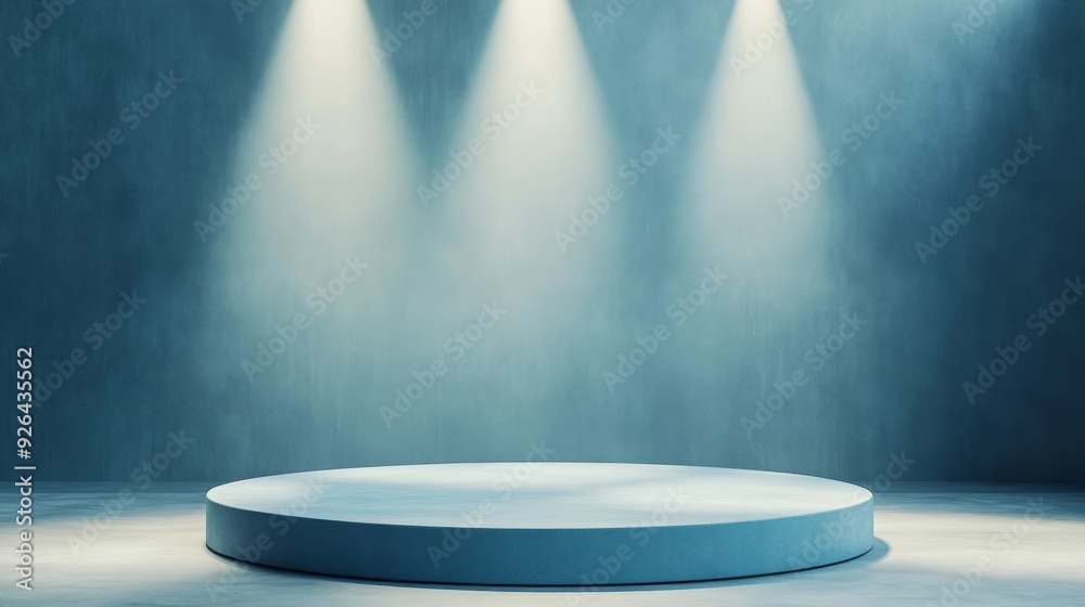 Minimalistic 3D illustration of a blue podium on a round stage, highlighted by bright spotlights, ideal for presentations or product displays in a modern showroom Minimalistic 3D illustration of a blue podium on a round stage, highlighted by bright spotlights, ideal for presentations or product displays in a modern showroom