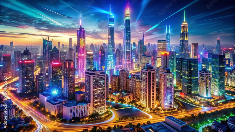 Fototapeta premium A bustling cityscape revitalized, vibrant neon lights illuminate a renewed urban landscape, symbolizing hope and resilience in a world rediscovered beyond crisis.