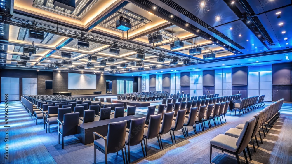 A bustling conference hall with rows of chairs, a sleek stage, and advanced audiovisual equipment, ready for a successful corporate event or product launch. A bustling conference hall with rows of chairs, a sleek stage, and advanced audiovisual equipment, ready for a successful corporate event or product launch.