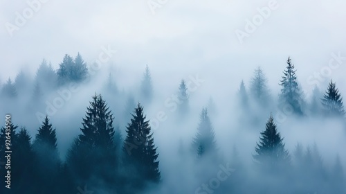 Dense Fog Enveloping a Pine Forest with Only the Tops of the Tallest Trees Visible Through the Mist, Creating a Mysterious Atmosphere. AI generated illustration