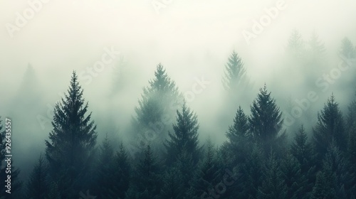 Dense Fog Enveloping a Pine Forest with Only the Tops of the Tallest Trees Visible Through the Mist, Creating a Mysterious Atmosphere. AI generated illustration