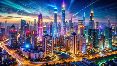 Wallpaper Mural A bustling cityscape revitalized, vibrant neon lights illuminate a renewed urban landscape, symbolizing hope and resilience in a world rediscovered beyond crisis. Torontodigital.ca