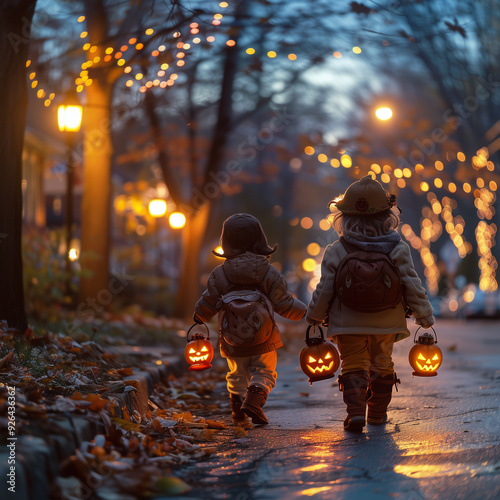 Autumn holiday Halloween,All Saints' Day,children go with pumpkin lanterns on the night decorated street to beg for sweets,autumn street is illuminated by festive lanterns,autumn, night