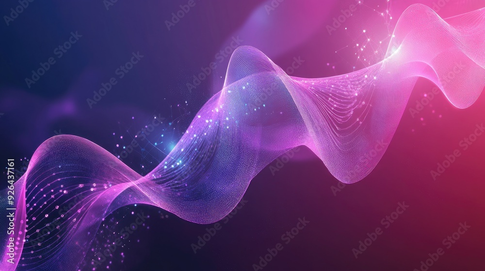 Obraz premium Scientific background with dynamic DNA molecules and geometric waves. Ideal for technology, medicine, and chemistry banners. Modern, sleek design with flowing abstract patterns.