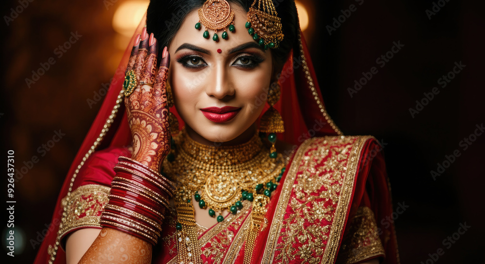 Portrait of a Indian woman bride in traditional Indian attire and mehndi art on her hand. Portrait of a Indian woman bride in traditional Indian attire and mehndi art on her hand.