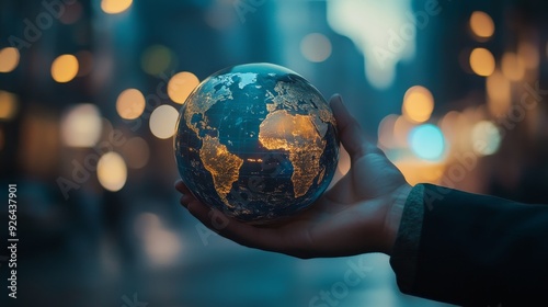 A businessman holding the earth planet against a blurred city background, symbolizing a global business concept.