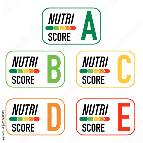 Nutri Score - vector sticker for food or beverage label. Nutrition score signs.