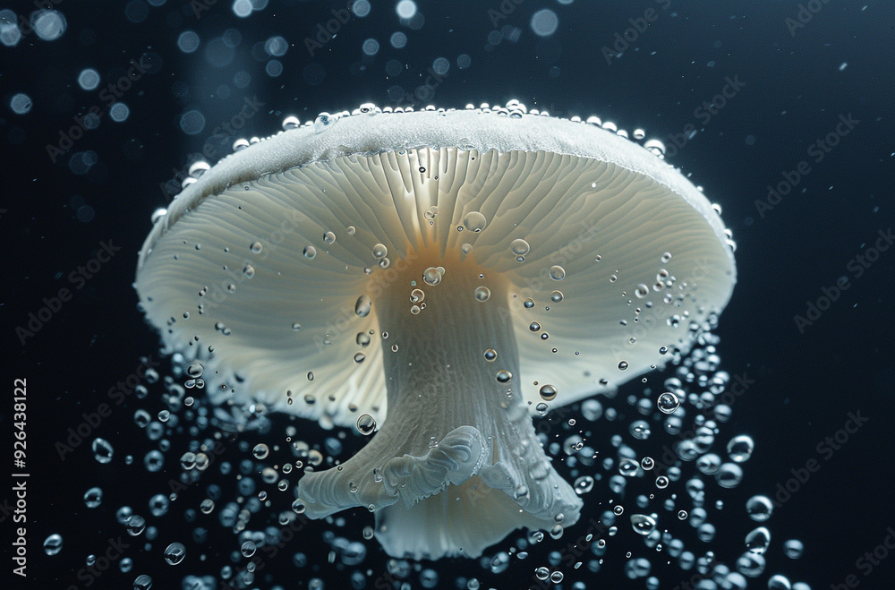 A white mushroom is suspended in the air with water splash A white mushroom is suspended in the air with water splash