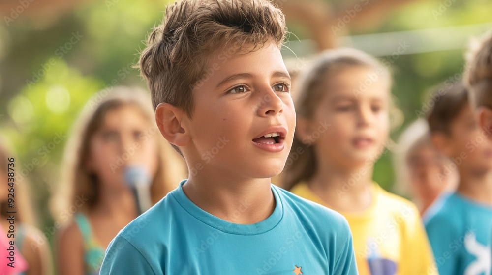 Young Boy Singing in a Chorus: A young boy with a determined expression sings his heart out in a chorus of children. The scene is filled with youthful energy and a sense of community