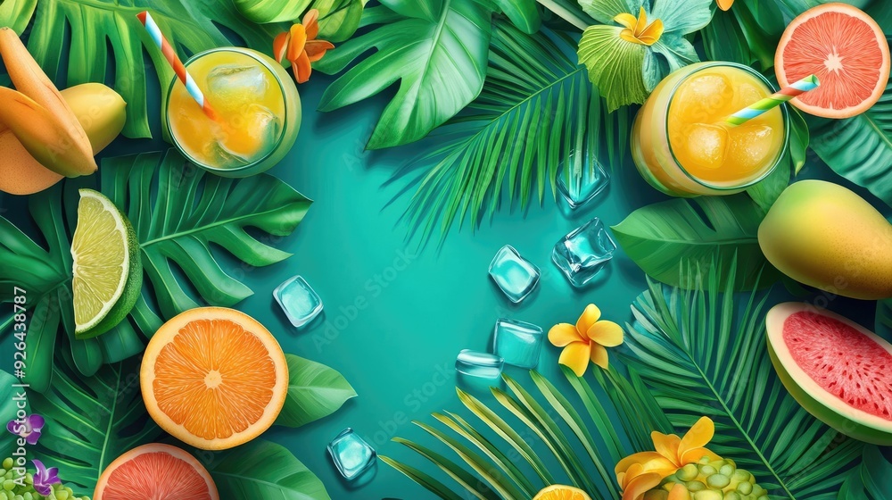 Summer vector background with tropical leaves, fruits, and refreshing drinks. A vibrant and cheerful design, ideal for summer sale banners and advertisements.