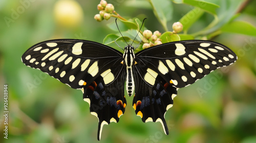 Papilio demoleus is a butterfly with long, narrow black wings with white and yellow markings --ar 16:9 --v 6.1 Job ID: d95ea5e0-73a5-4b3e-ba62-30d10fa9d618 photo