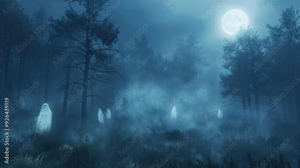 Obraz premium A dark, foggy forest with ghostly apparitions and a full moon.