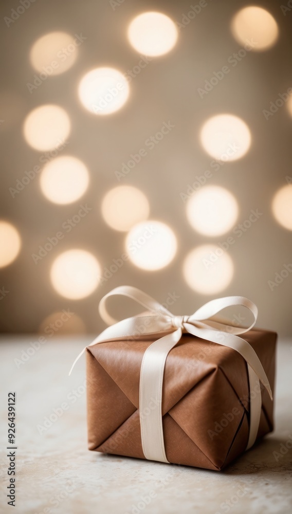 beautifully wrapped craft gift box in golden-brown color with a silky white ribbon tied in a neat bow against bokeh background, Men's day, father's day. Valentine's Day, birthday beautifully wrapped craft gift box in golden-brown color with a silky white ribbon tied in a neat bow against bokeh background, Men's day, father's day. Valentine's Day, birthday