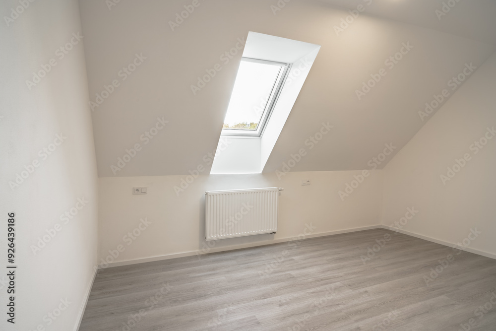 A minimalistic attic room with a single window, slanted roof, and light-colored parquet flooring. The space is empty and brightly lit, showcasing clean lines and modern architecture. A minimalistic attic room with a single window, slanted roof, and light-colored parquet flooring. The space is empty and brightly lit, showcasing clean lines and modern architecture.
