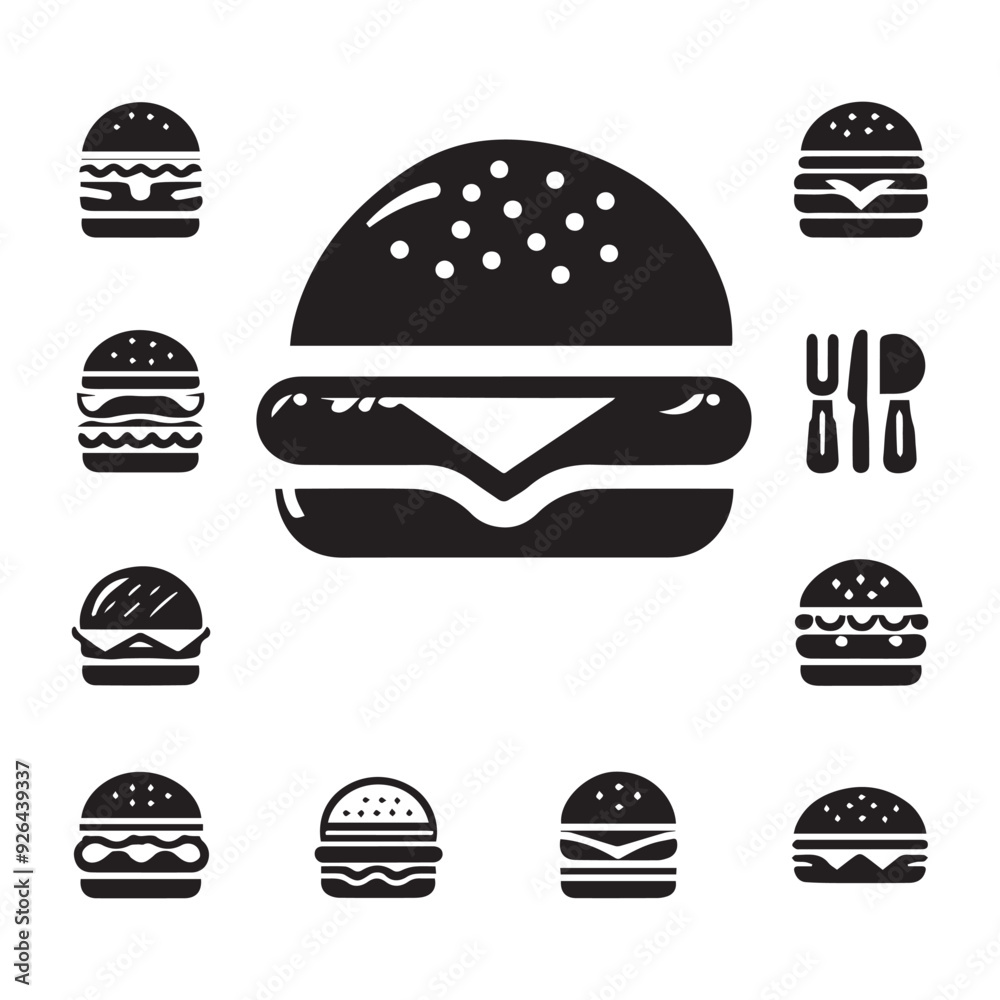 Fototapeta premium Simple black and white burger silhouette. Burger black icon.