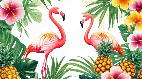 Tropical summer vector background with flamingos, pineapples, and hibiscus flowers. A bright and vibrant design, perfect for banners and summer sale illustrations.