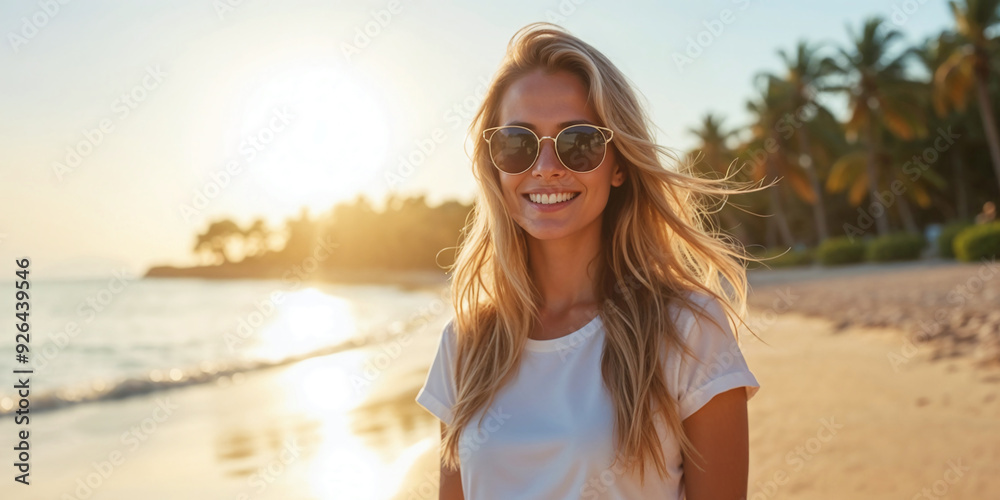 Portrait of a young blonde woman with big hair and white t-shirt on a Serene Walk at Sunset in Tropical Paradise. Ideal copy space for advertisements. Portrait of a young blonde woman with big hair and white t-shirt on a Serene Walk at Sunset in Tropical Paradise. Ideal copy space for advertisements.