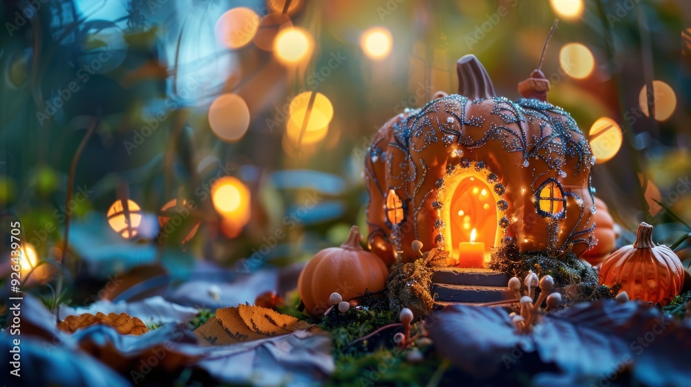 A detailed pumpkin house with miniature decorations and lights. A detailed pumpkin house with miniature decorations and lights.